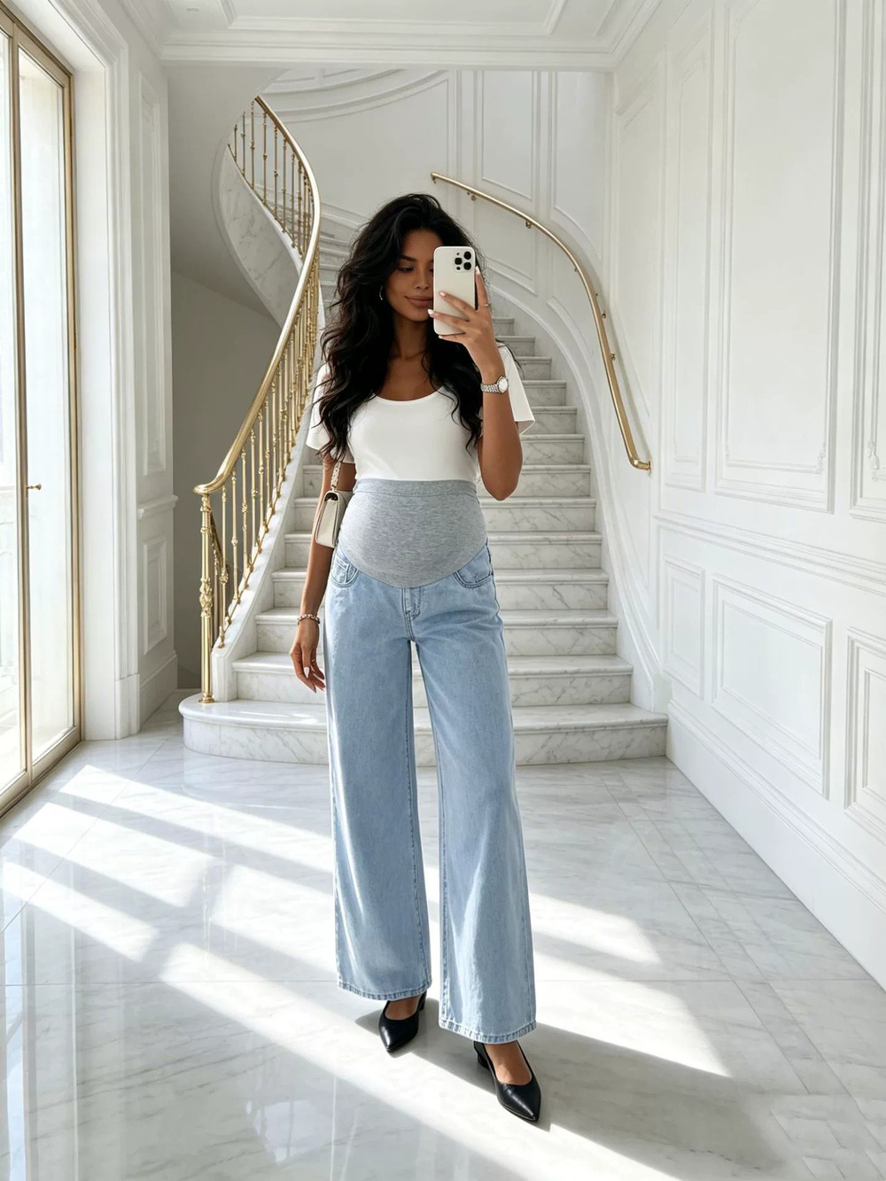 ZARA Light Blue High Waist Maternity Support Wide Leg Pants Soft Denim Everyday
